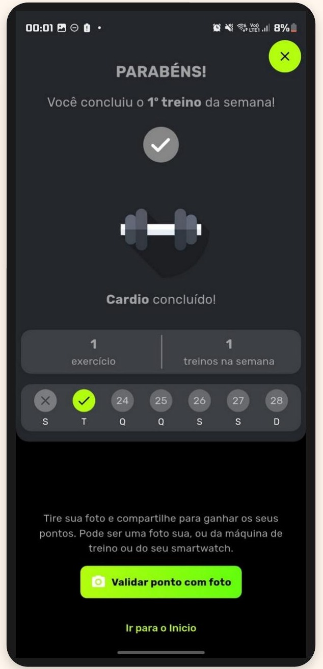Tela de conquista de treino concluído no app WellPlay