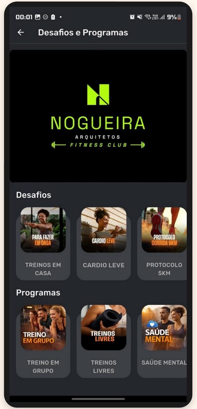 Tela de desafios e programas com a marca da empresa no aplicativo WellPlay